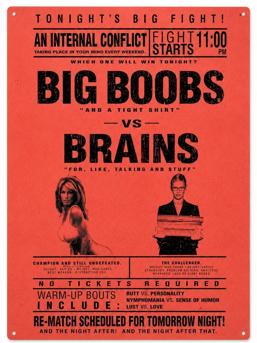 NEW Big Boobs vs Brains Metal Sign